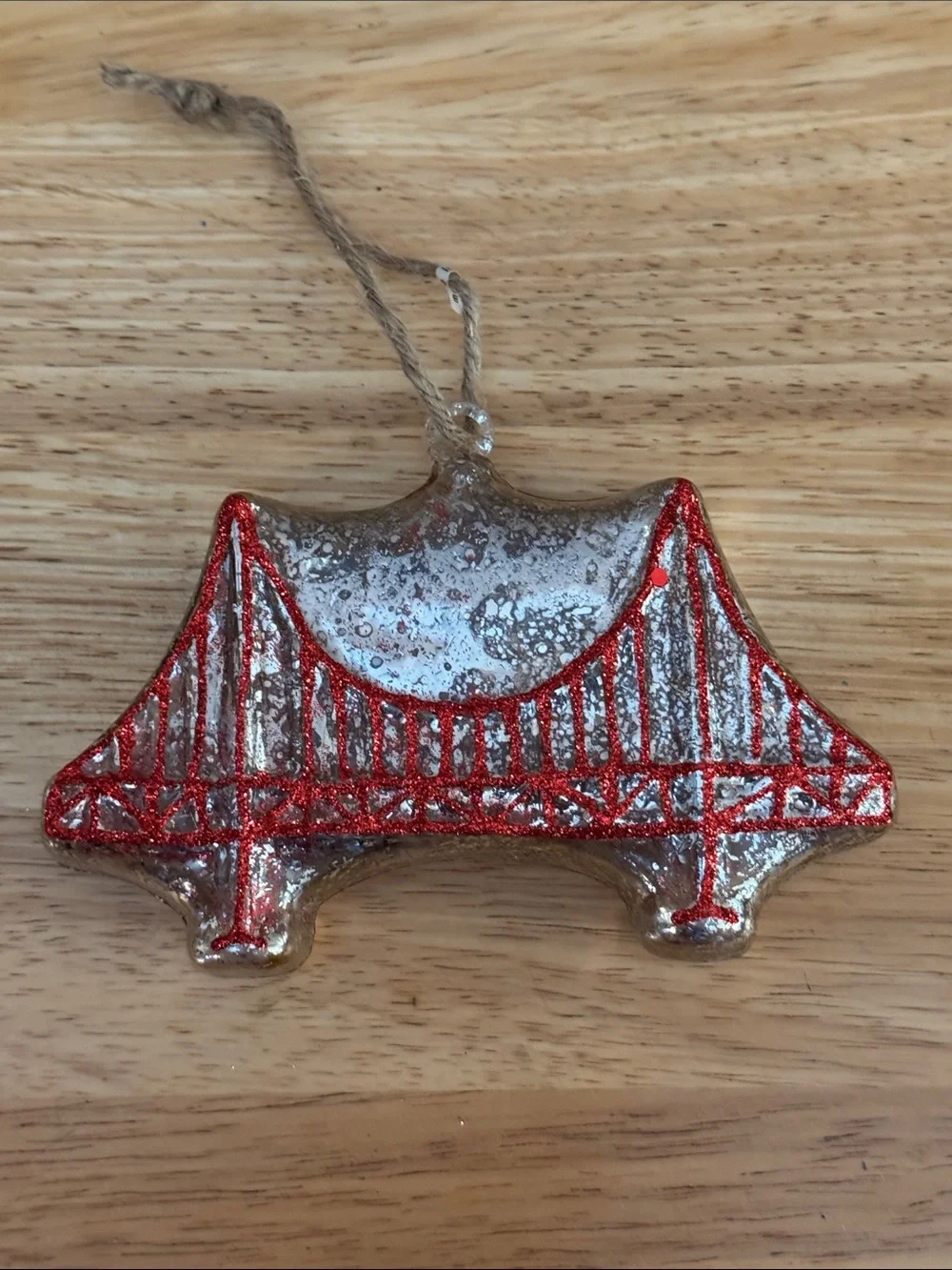 Pottery Barn Mercury Glass Golden Gate Bridge & Green Beaded Finial Ornament